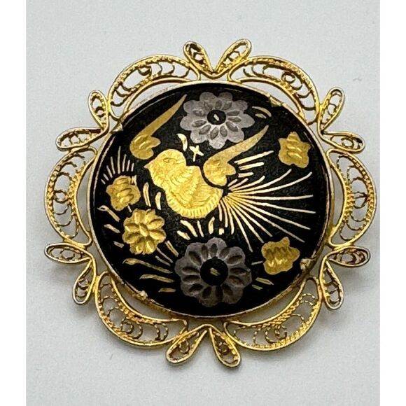 Vintage Brooch Damascene Gold Tone  Filigree Floral Bird 1.5” Pin Trombone Clasp - Picture 1 of 7